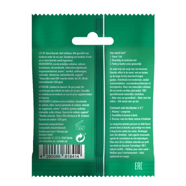 Dentifricio in pastiglie menta con fluoro vegan 125 Pezzi