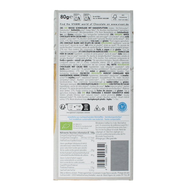 Chocolat blanc stracciatella bio 80 Grammes