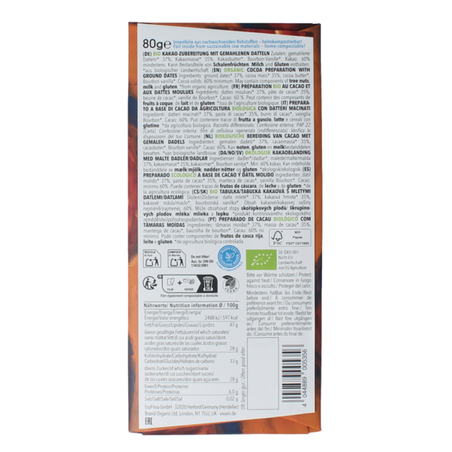 Czekolada gorzka 60% słodzona daktylami bio 80 Gram