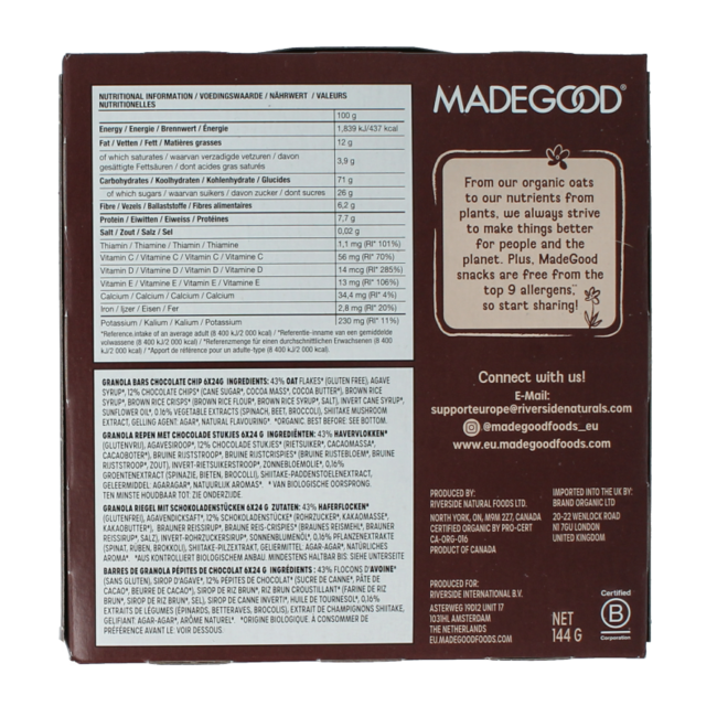 Made Good Barre de céréales pépites de chocolat 24 grammes bio 6 Pièces