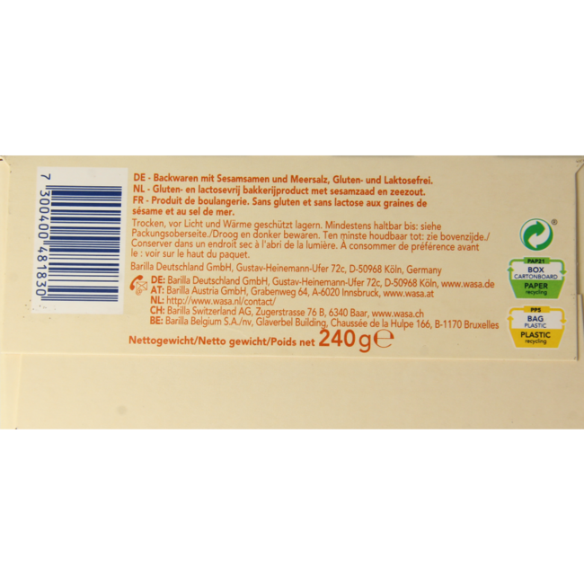 Knackebrod met sesam en zeezout glutenvrij 240 Gram