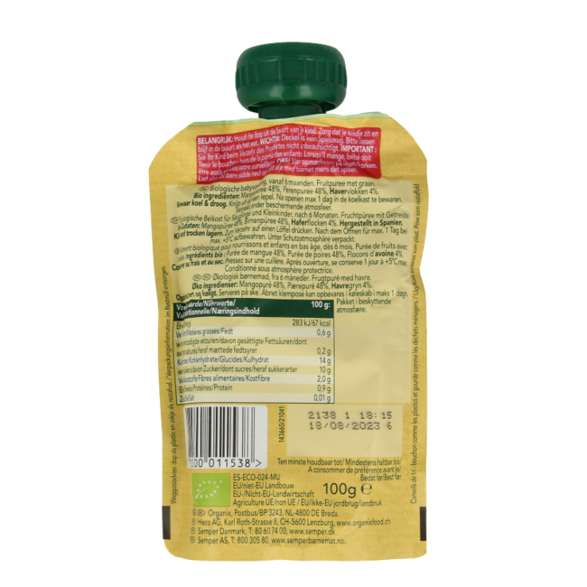Sacchetto Spremibile Mango, Pera & Granola 6+ mesi Bio 100 Grammi