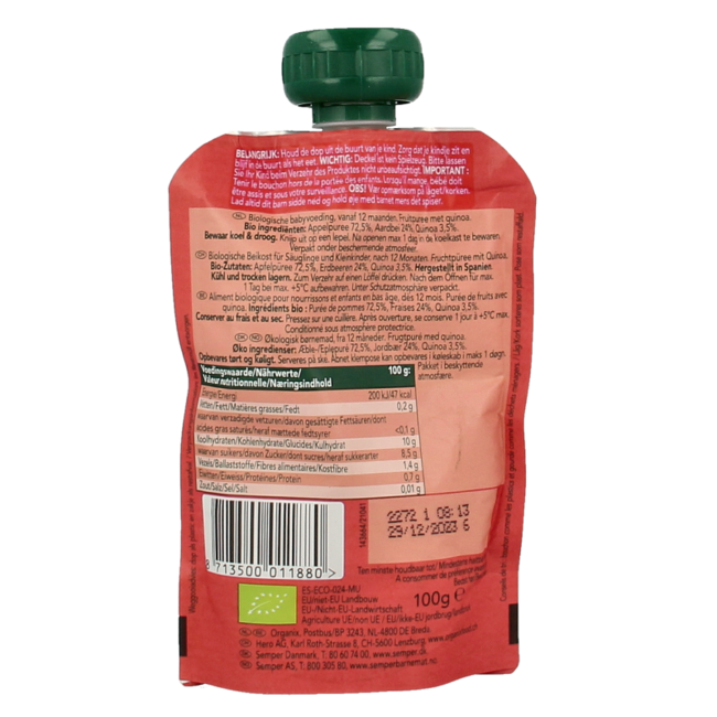 Knijpfruit appel, aardbei & quinoa 12 maanden bio 100 Gram