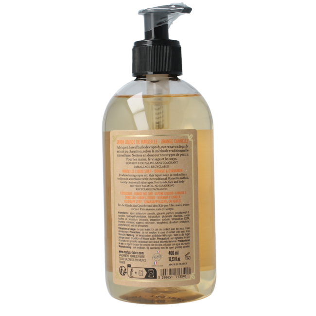 Savon Marius Fabre orange-cannelle avec pompe 400 millilitres