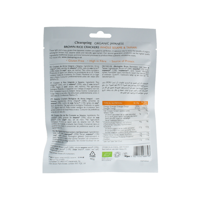 Clearspring Galleta de arroz integral con sésamo y tamari bio 40 gramos