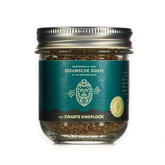 Zeeuwsche Zoute Salt with black garlic glass jar organic 100 Gram