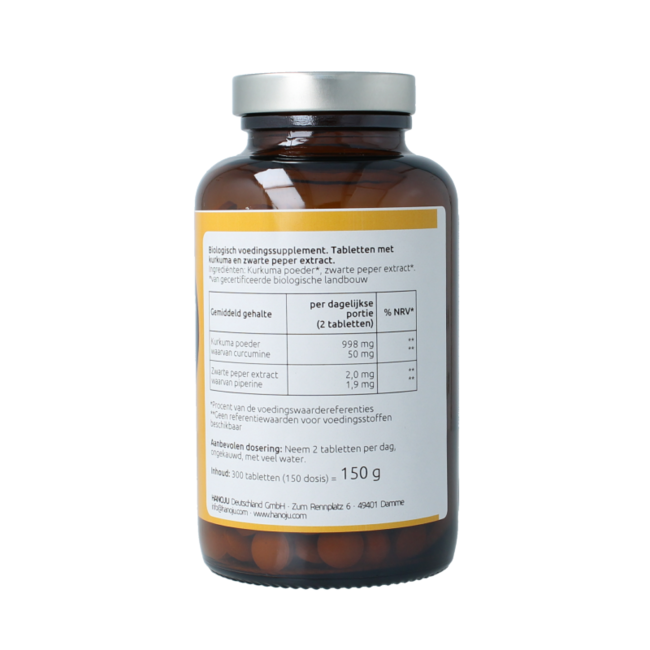 Hanoju Polvo de cúrcuma + piperina 500mg bio 300 Comprimidos
