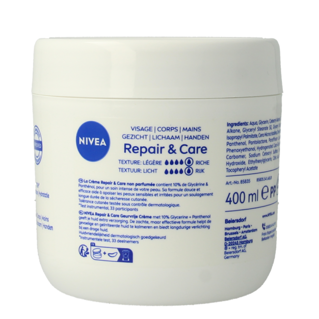 Nivea Repair & care body cream fragrance free sensitive 400 Millilitres