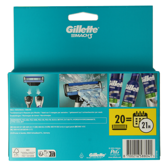 Cuchillas Gillette Mach3 20 Unidades