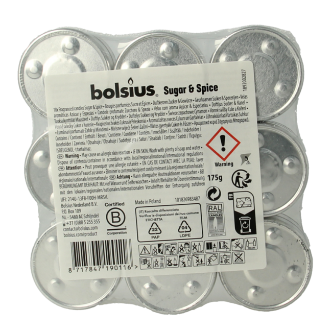 Bolsius Bougies chauffe-plat parfumées multicolores Sugar & Spice 18 pièces