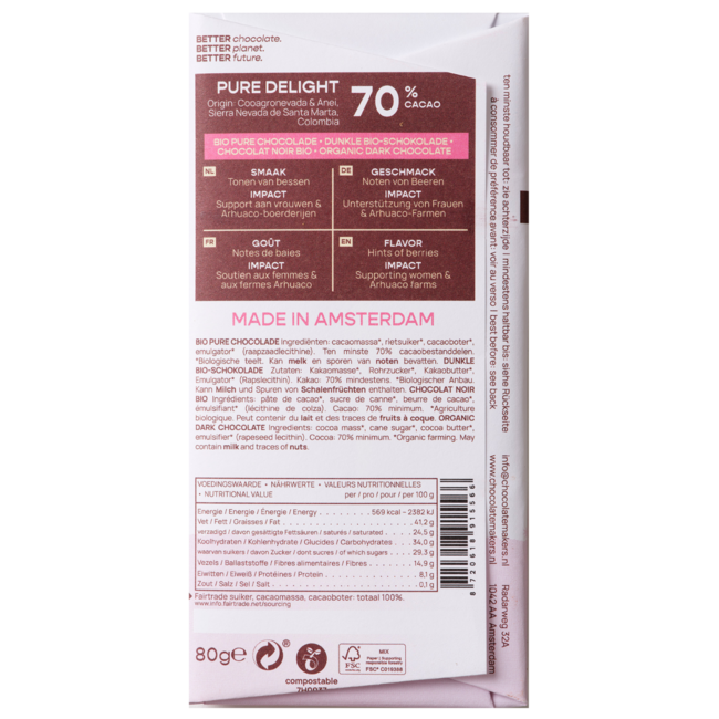 Chocolatemakers Pure delight 70% fondente bio 80 Grammi