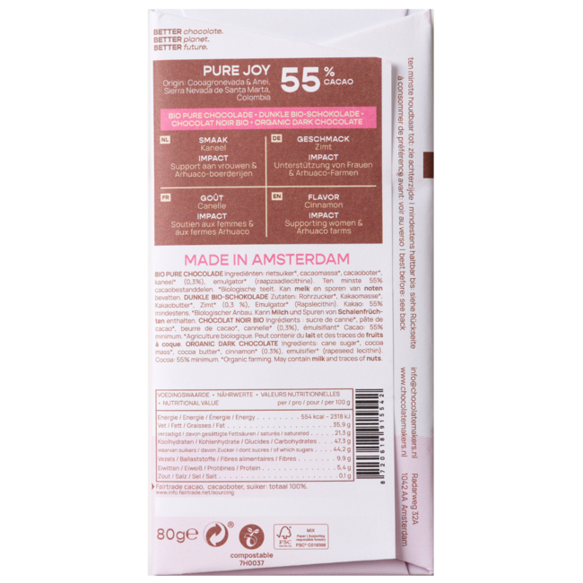 Chocolatemakers Pure Joy 55% Fondente con Cannella Bio 80 Grammi
