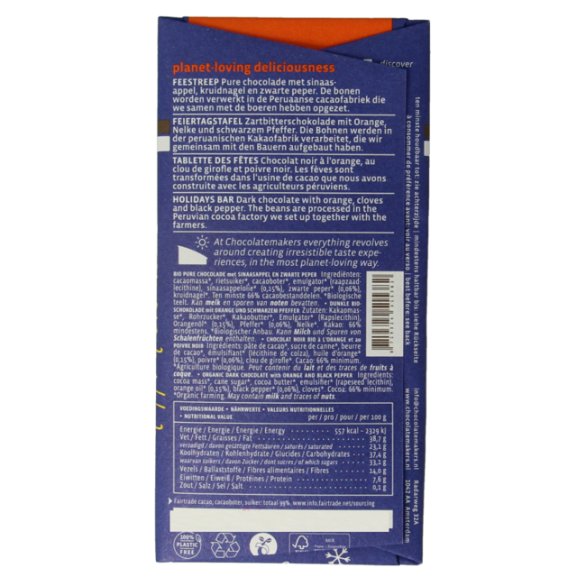 Chocolatemakers Holiday-Riegel 65 % mit Orange-Nelke Bio 85 Gramm