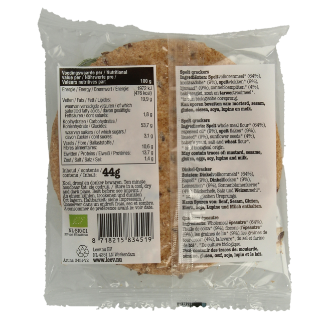 Leev Spelt qrackers integrales y semillas de lino bio 44 gramos