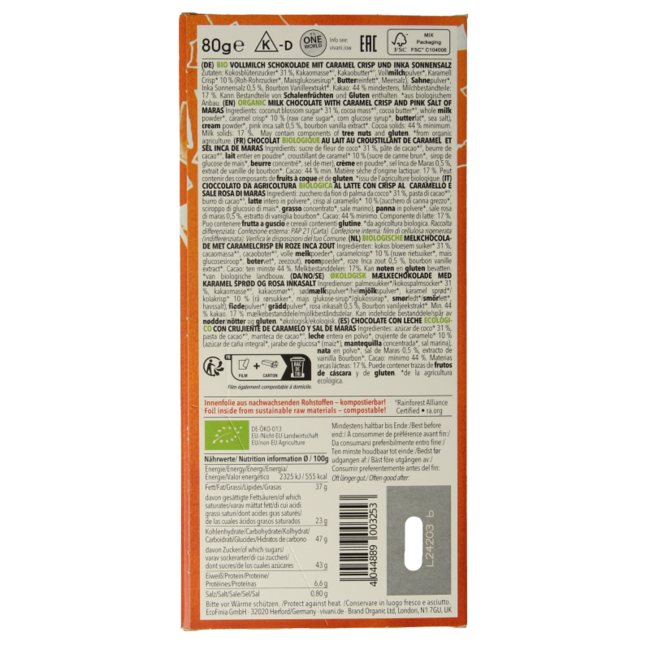 Chocolat au lait caramel sel de mer sucre de fleur de coco bio 80 g