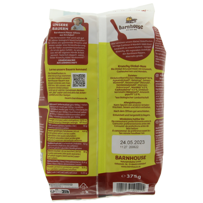 Barnhouse Krunchy amaranto espelta almendra bio 375 gramos