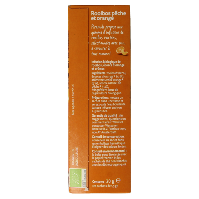 Té de rooibos, melocotón y naranja bio 20 bolsitas