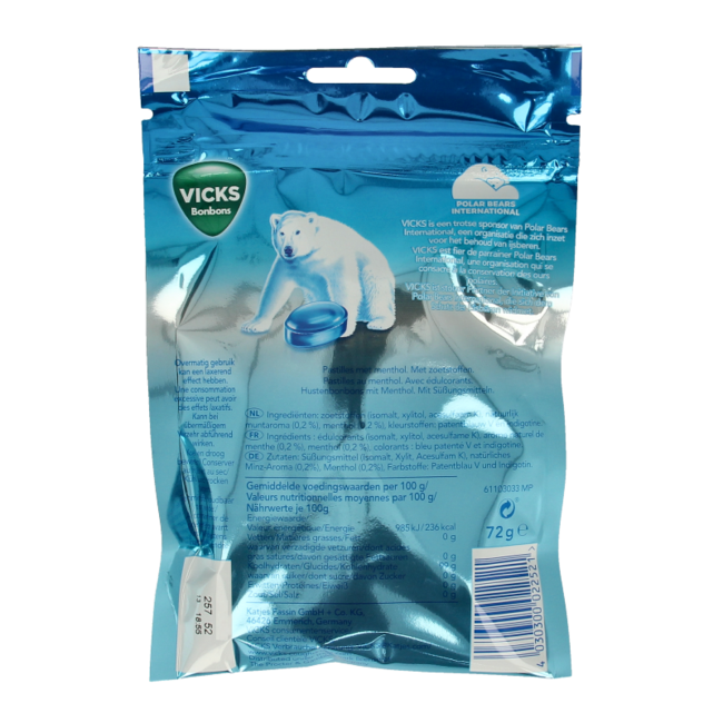 Pastiglie Blue Menthol Senza Zucchero, Sacchetto 72 Grammi