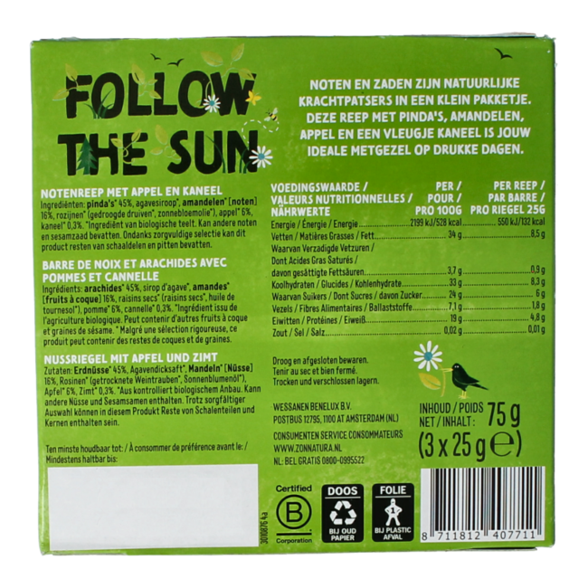 Barre aux noix, pomme et cannelle 25 g bio - Lot de 3