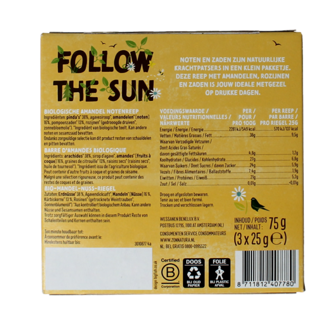 Barre de muesli mélange de noix amande bio 3 Pièces