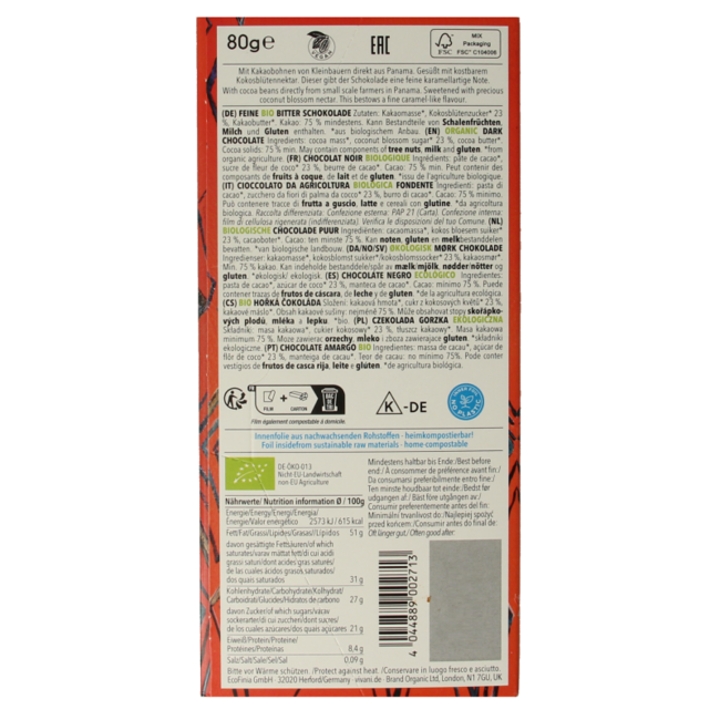 Dark Chocolate 75% Coconut Blossom Sugar Organic 80g