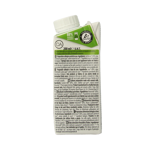 Ecomil Leche de coco para cocinar bio 200 mililitros