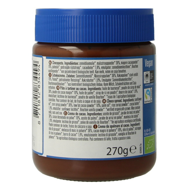 Crema de cacao De Rit Chocoreale con sirope de maíz, ecológica, 270 gramos