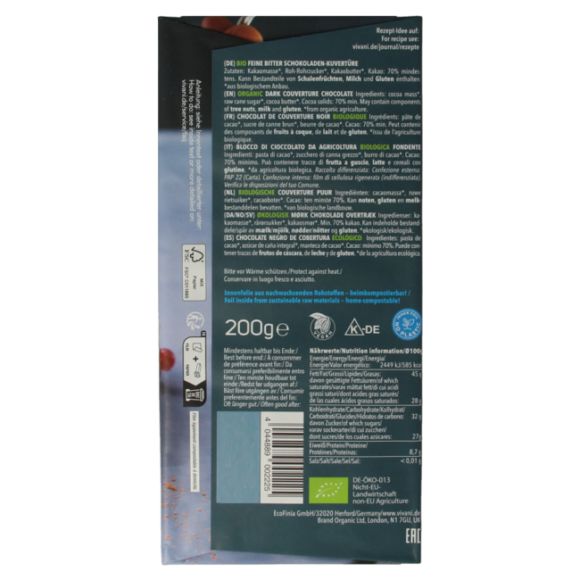 Vivani Couverture Chocolat Noir Bio 200 g