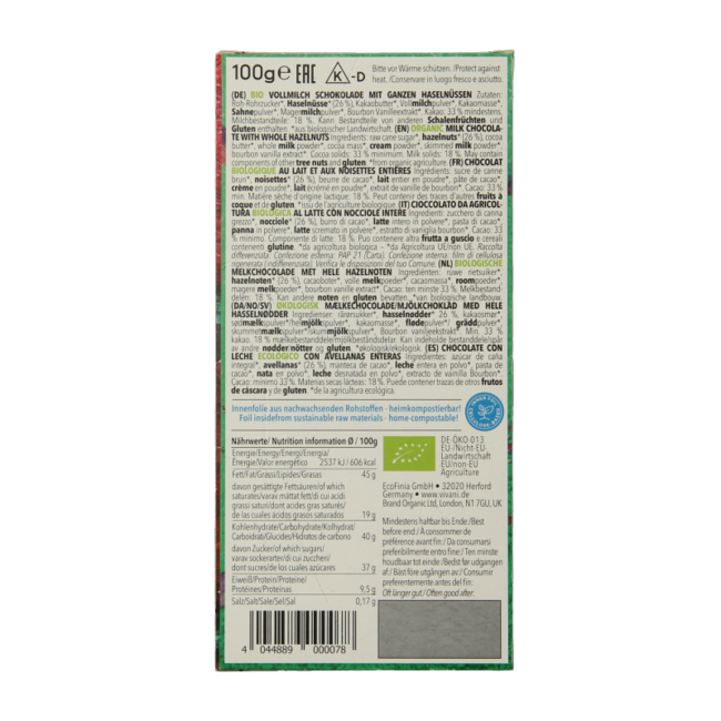 Chocolate con leche con avellanas enteras bio 100 g