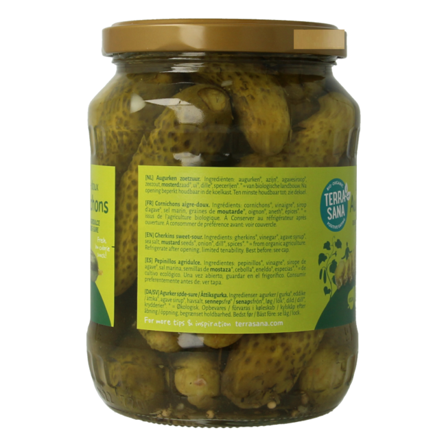 Organic sweet and sour gherkins 670g