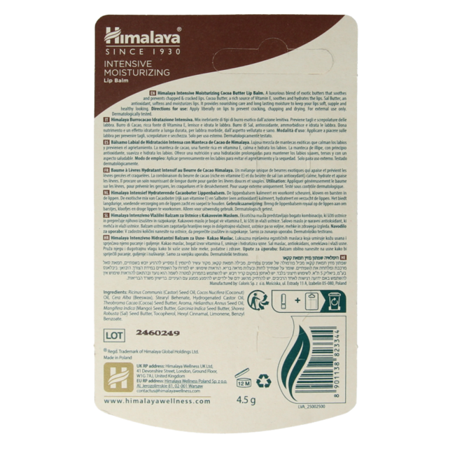 Himalaya Bálsamo labial hidratante intensivo de manteca de cacao 4,5 gramos