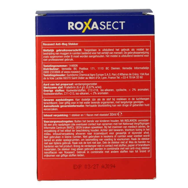 Roxasect Enchufe antimosquitos a base de praletrina 1 unidad