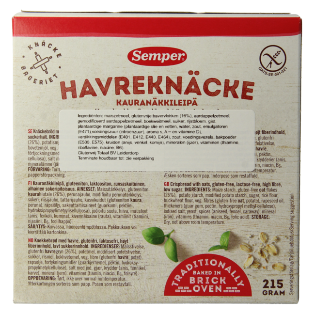 Semper Haverknackebrod sin gluten 215 gramos