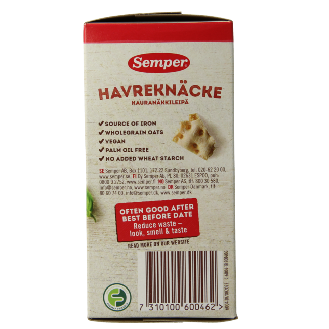 Semper Haverknackebrod sin gluten 215 gramos
