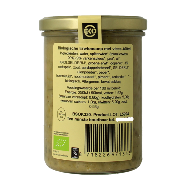 Sopa de guisantes/snert con carne bio 400 mililitros