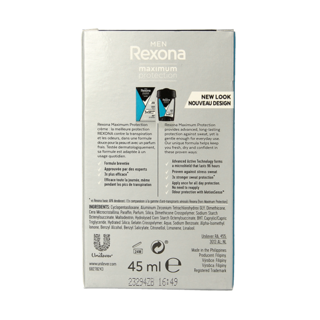 Rexona Desodorante en barra para hombre max protect clean scent 45 mililitros