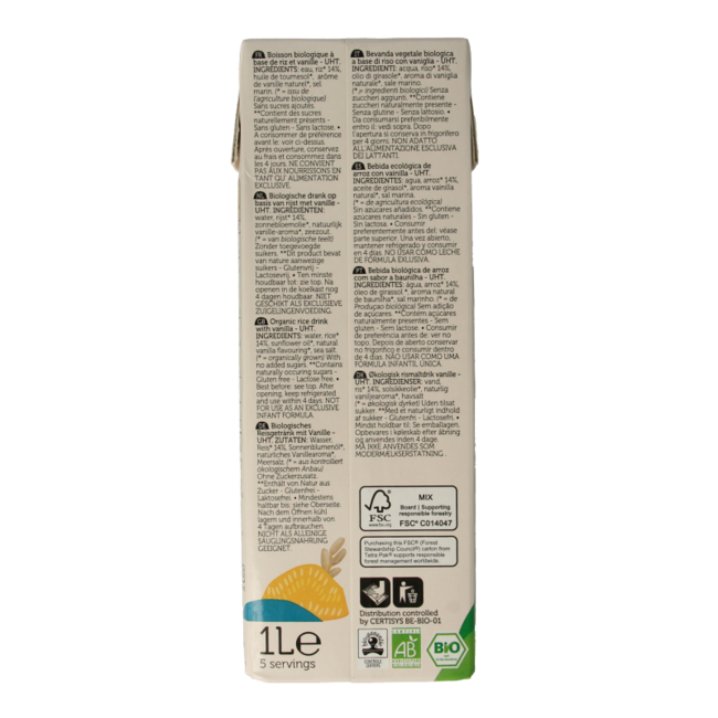 Bebida de arroz con vainilla bio Lima 1 Litro