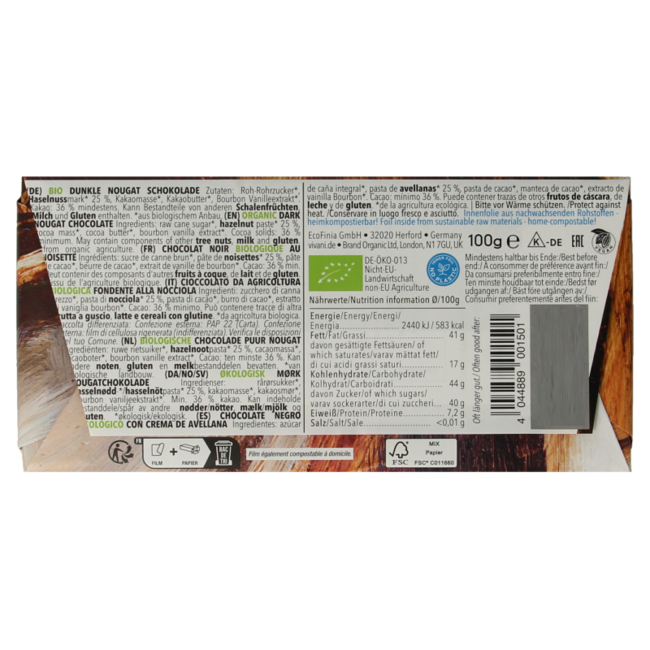 Vivani Chocolate Negro Praliné de Turrón Ecológico 100 Gramos