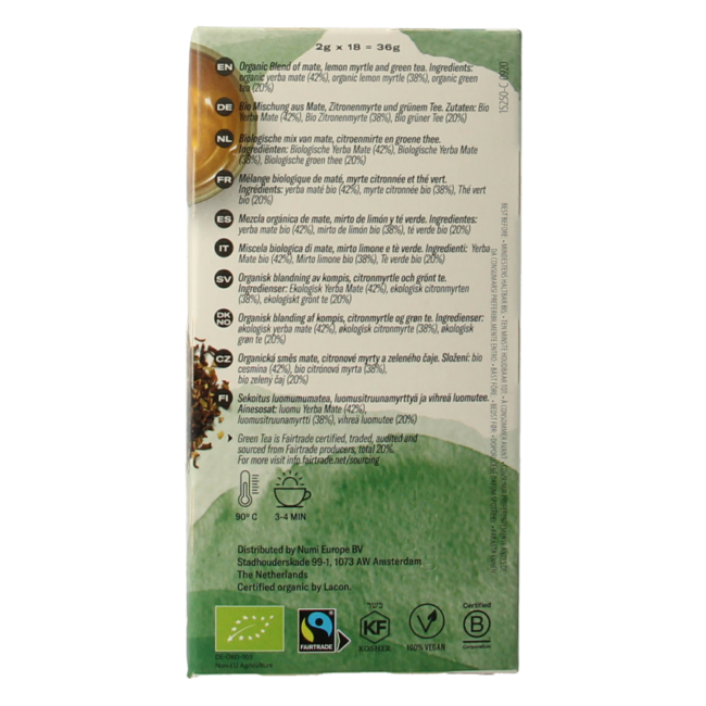 Numi Green tea mate lemon bio 18 Zakjes
