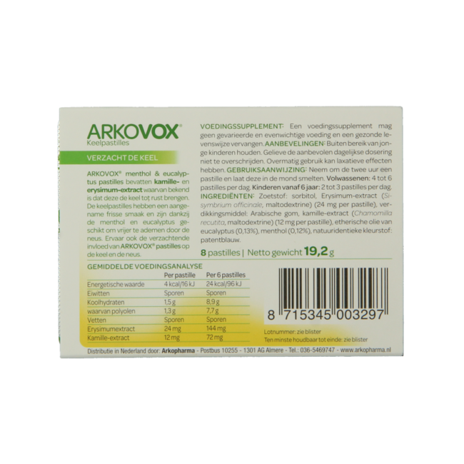 Arkovox Menthol eucalipto pastillas para la garganta 8 pastillas