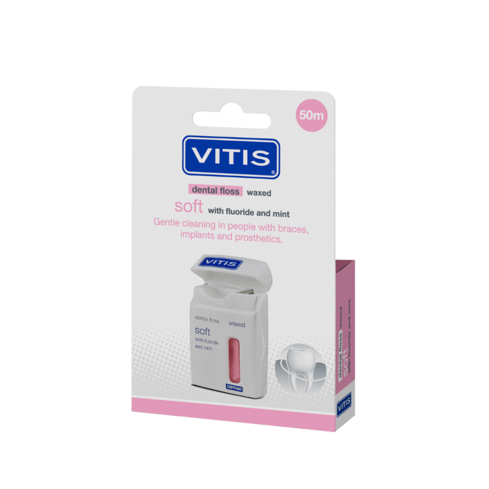 Vitis Floss seda dental suave encerada expansible con flúor rosa 50 metros 1 unidad