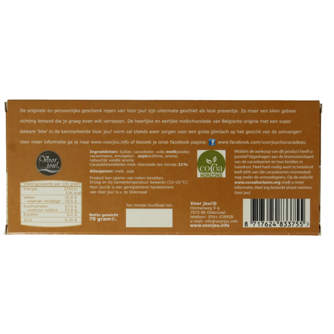 Voor Jou! Wensreep melkchocolade knuffel 70 Gram