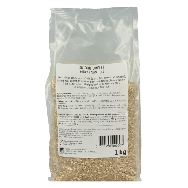 Primeal Organic Whole Grain Round Rice from Italy 1kg