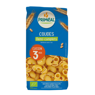 Primeal Primeal organic quick cook semi-wholewheat elbow pasta 3 minutes 500g