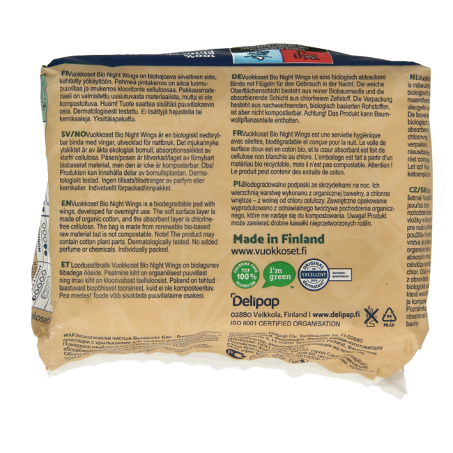 Vuokkoset Bio Compresas Noche con Alas 9 unidades