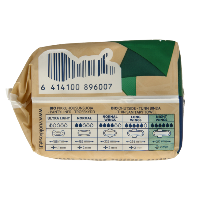 Vuokkoset Bio-Damenbinden Nachtflügel 9 Stück