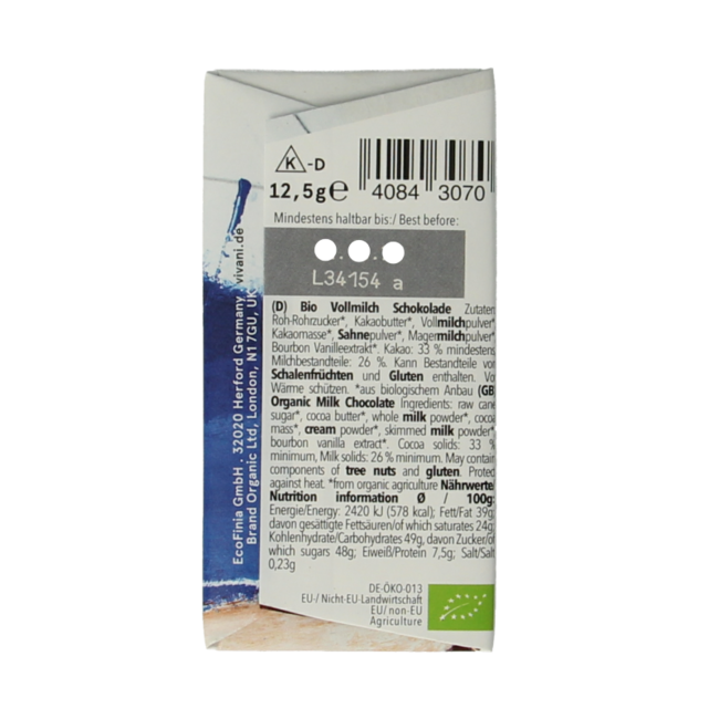 Vivani Minibars de chocolat au lait bio 12,5 Grammes