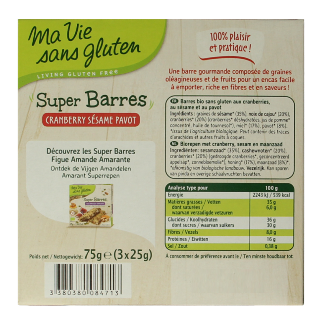 Super bars sesame & cranberry gluten-free organic 75 Gram
