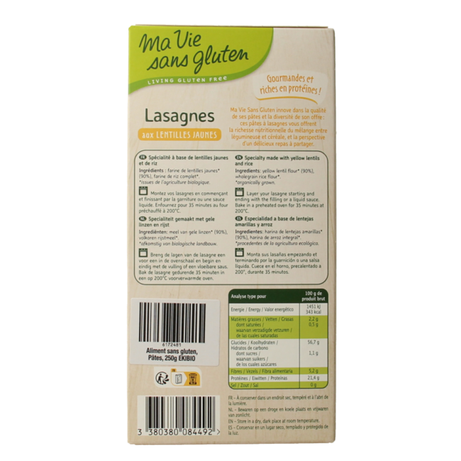 Yellow lentil lasagne sheets gluten-free organic 250 Gram
