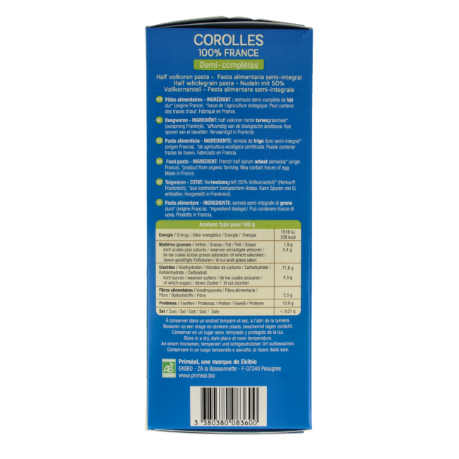 Primeal Corolle pasta semi-integral bio 400 gramos